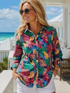 J McLaughlin Toucan Tropical Hawaiian Top Cotton Button Resort Coastal Size XS